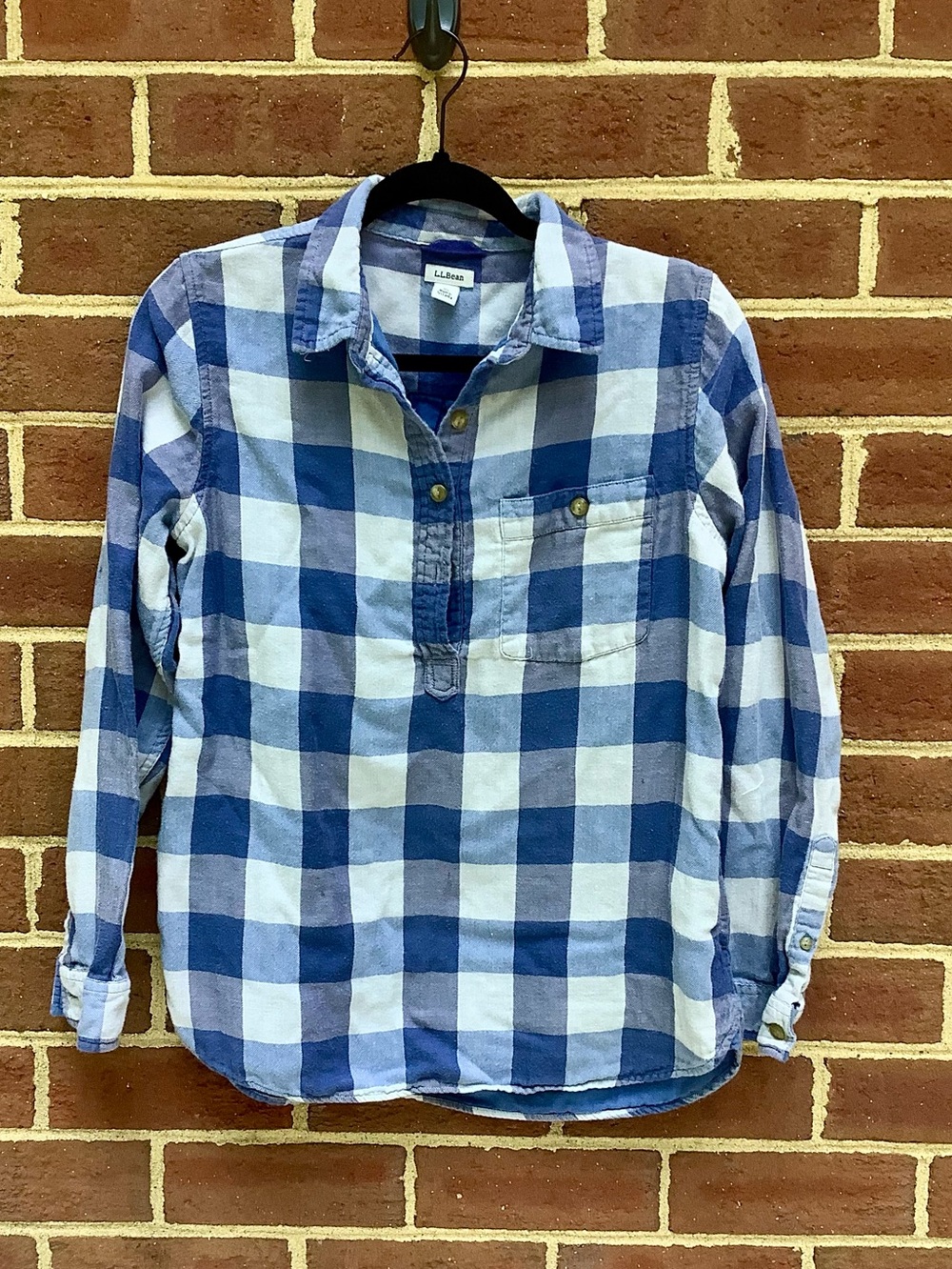 EUC LLBean Blue Plaid Button Down Henley Popover Super Soft S